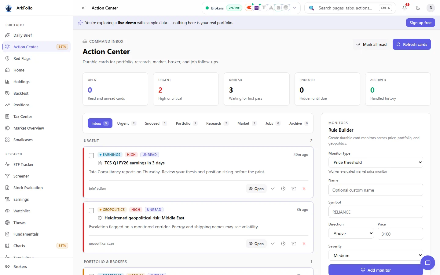 ArkFolio Action Center Inbox showing sample urgent actions and portfolio monitors.