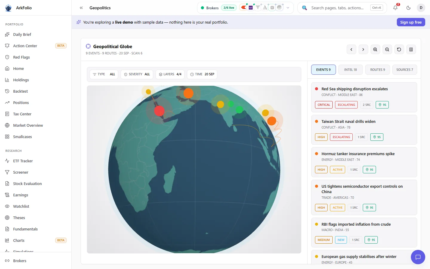 ArkFolio Geopolitical Intelligence globe with sample events and portfolio-linked risk context.