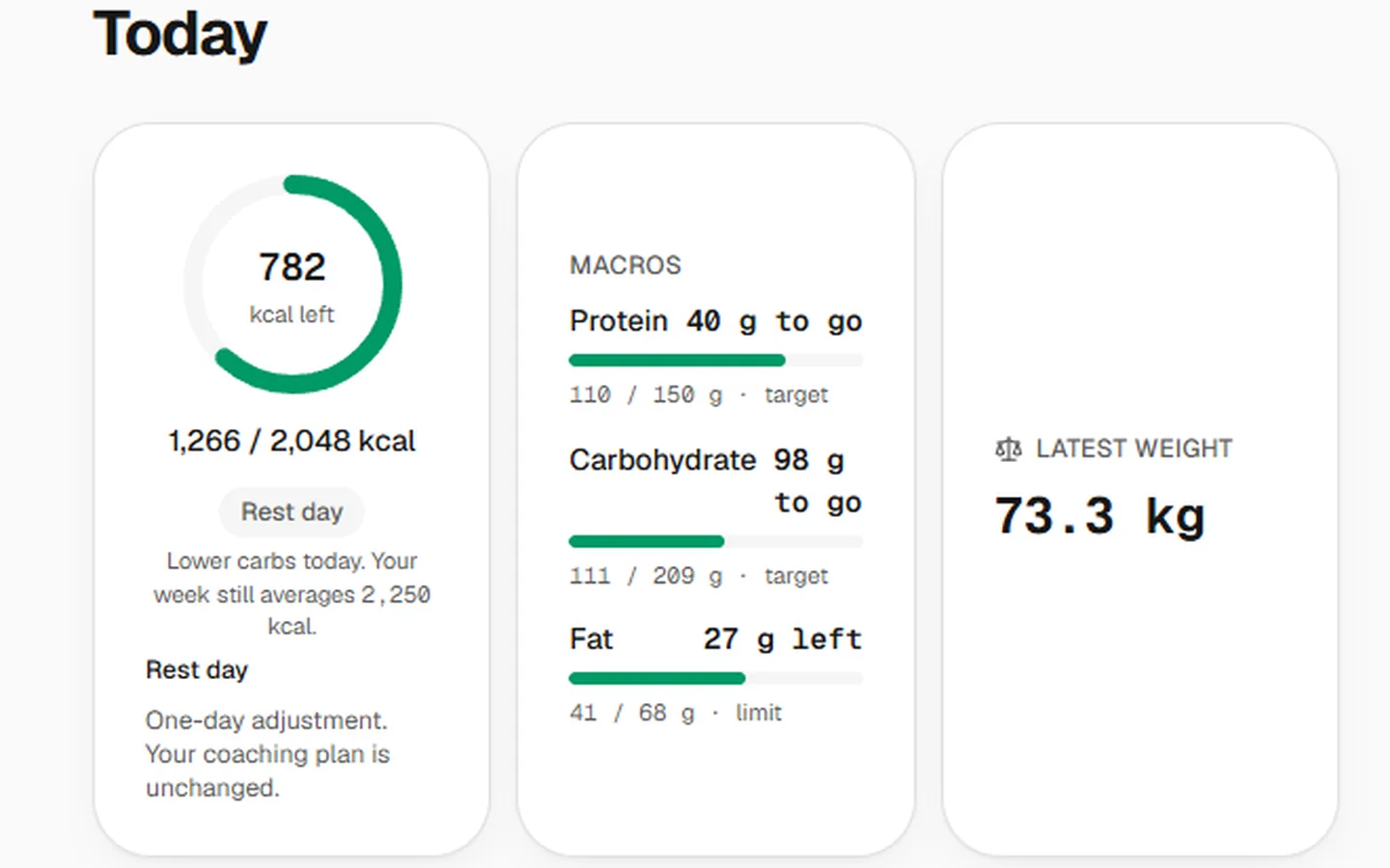MacroArk Today showing sample calorie progress, three macro targets, a rest-day target, and latest weight.
