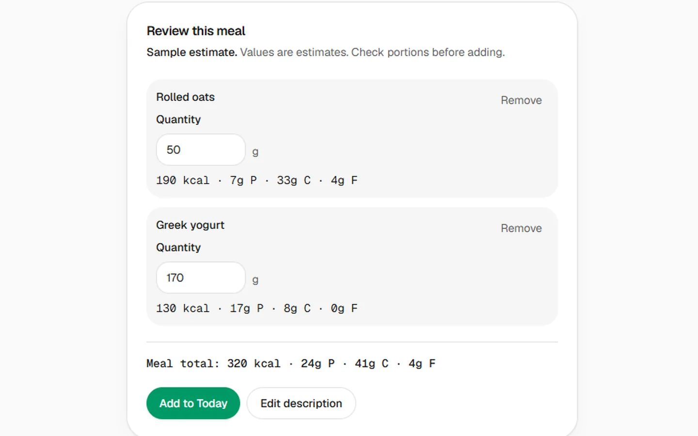 MacroArk sample Protein oats review with editable portions, food macros, meal total, and an Add to Today control.